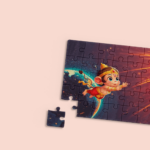 Baby Hanuman flying towards the sun mistaking it for a fruit. A colorful jigsaw puzzle depicting a scene from the Hindu Ramayana. Sanskarity puzzles for children.