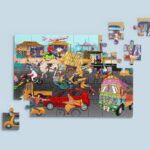 Vibrant jigsaw puzzle of an Indian street scene with diverse vehicles.