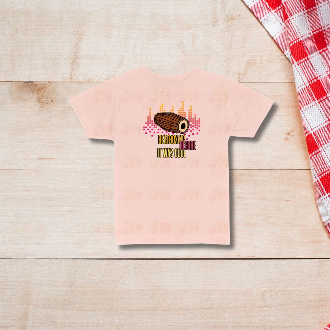 Blush t-shirt with a vintage-style illustration of a Mridangam drum and the text "Beatboxing Before It Was Cool"