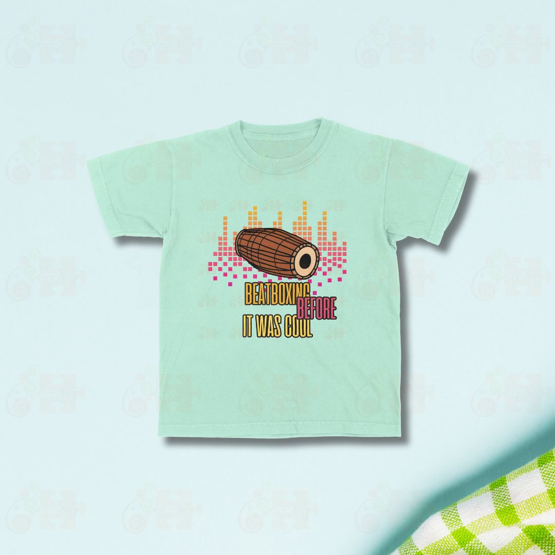 T-shirt featuring a Mridangam drum and the phrase "Beatboxing Before It Was Cool."