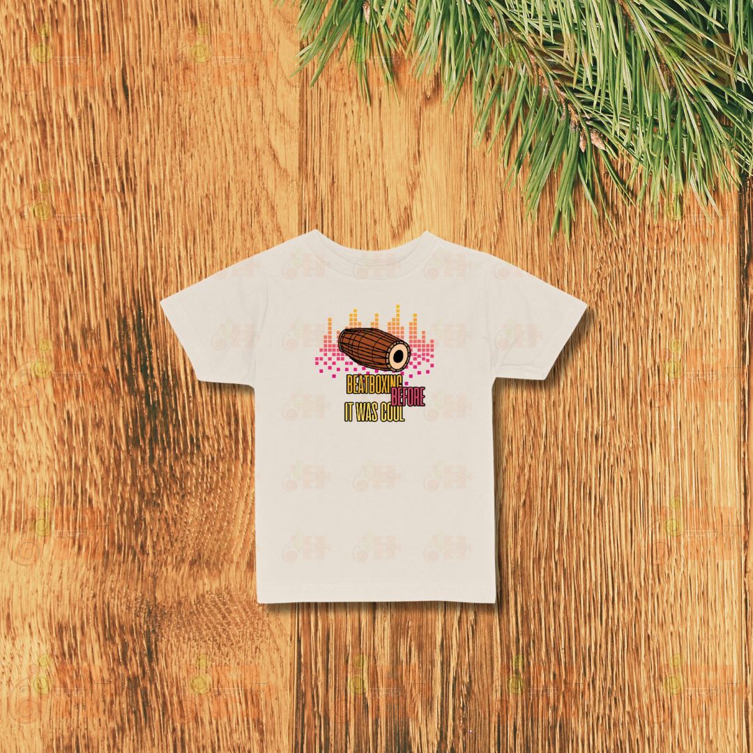 T-shirt featuring a Mridangam drum and the phrase "Beatboxing Before It Was Cool."