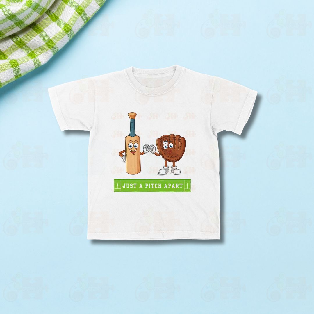 A playful illustration of a cricket bat and a baseball glove giving each other a high-five, with the text "Just a Pitch Apart."