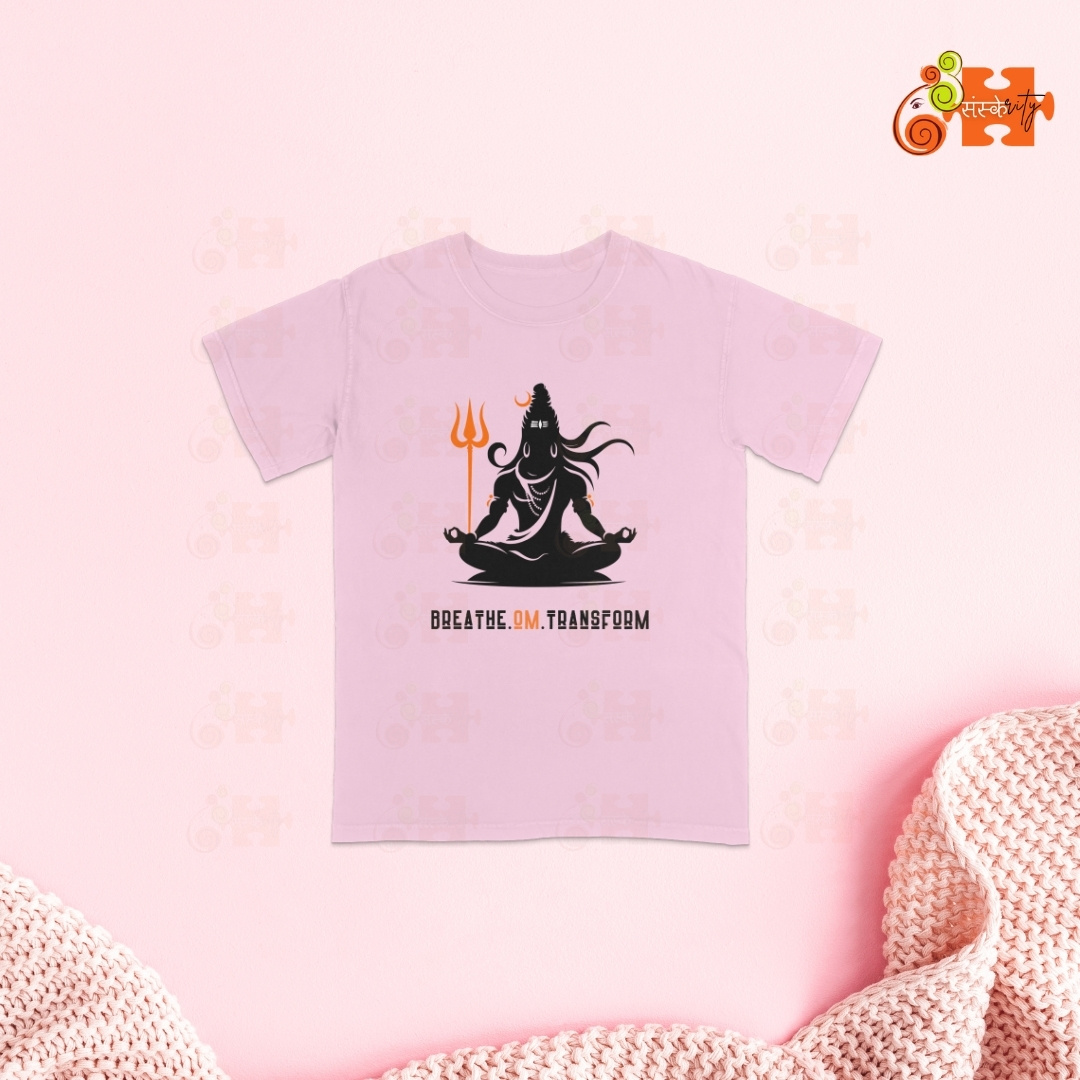 Lord Shiva Light Pink Graphic Tee with "Breathe. OM. Transform" message.