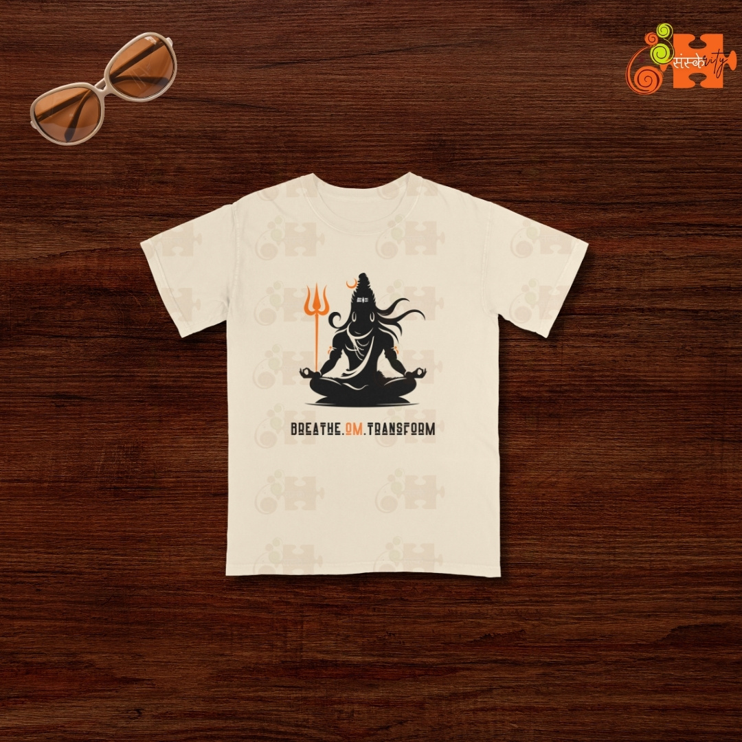 Lord Shiva Graphic Tee with "Breathe. OM. Transform" message.