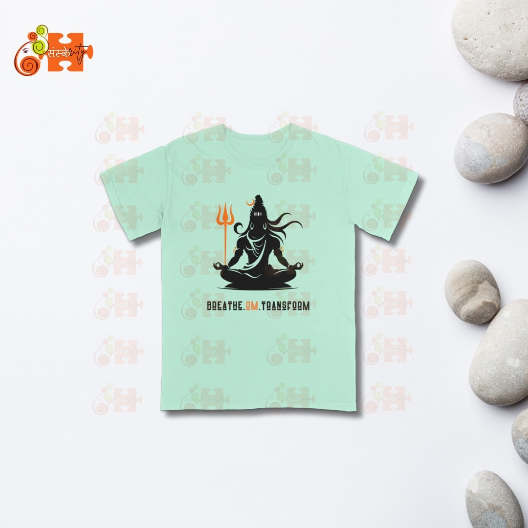 Lord Shiva Graphic Tee with "Breathe. OM. Transform" message. Island