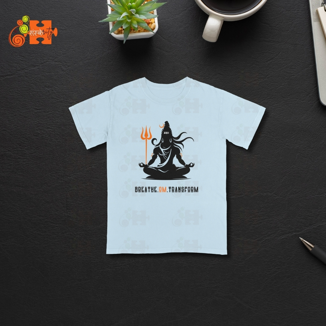 Lord Shiva Light Blue Graphic Tee with "Breathe. OM. Transform" message