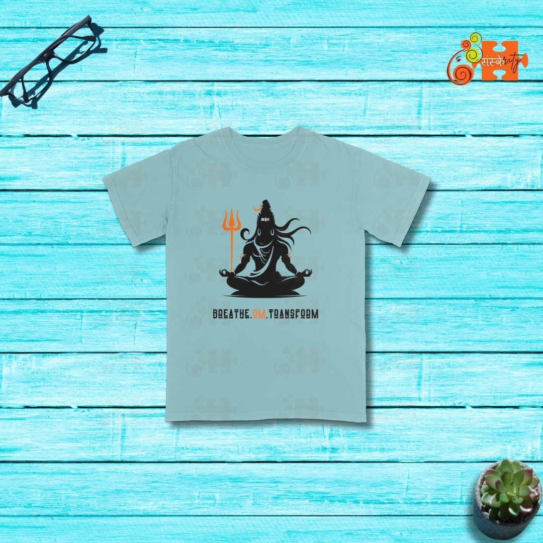 Lord Shiva Graphic Mint Tee with "Breathe. OM. Transform" message.