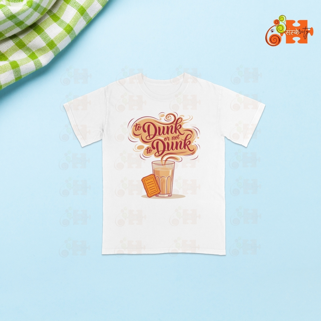 Front view of a white t-shirt featuring a graphic of a chai glass with a biscuit and the text 'Dunk or Not Dunk'