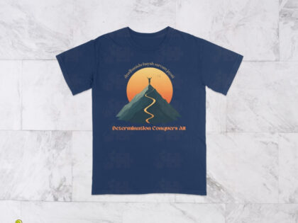 Determination Conquers All T-Shirt with Sanskrit phrase - Navy