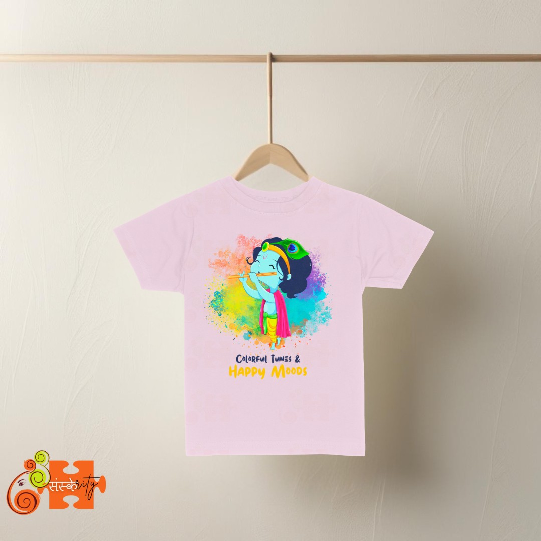 Colorful Krishna Kids Tee - Playful design for children.