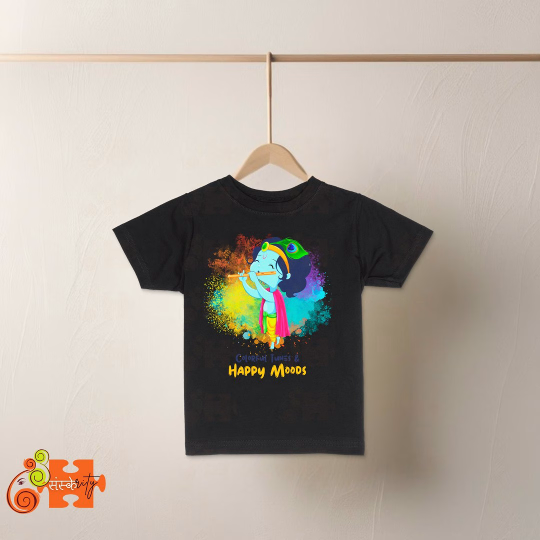 Colorful Krishna Kids Tee featuring Lord Krishna playing flute with "Colorful Tunes & Happy Moods" text.