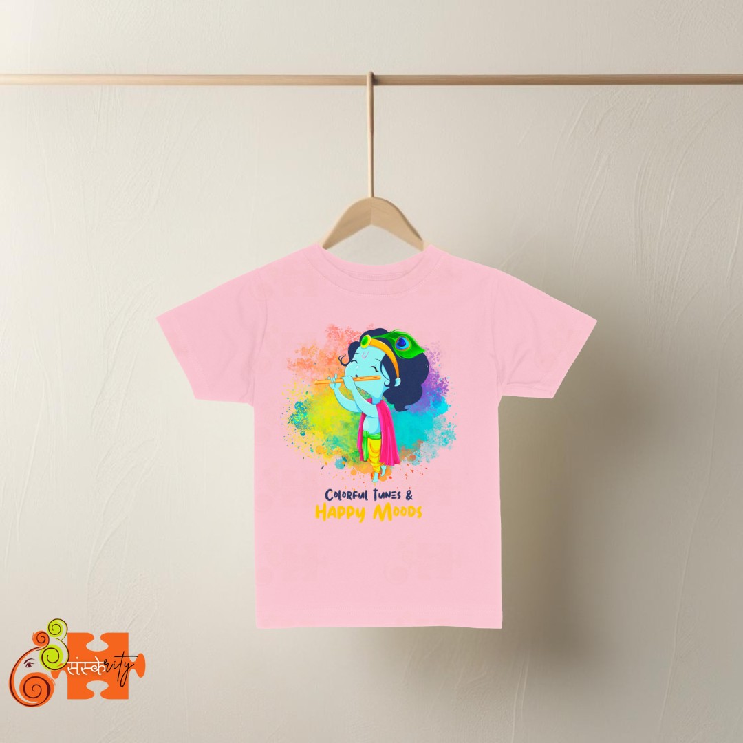 Colorful Krishna Kids Tee featuring Lord Krishna playing flute with "Colorful Tunes & Happy Moods" text on Pink