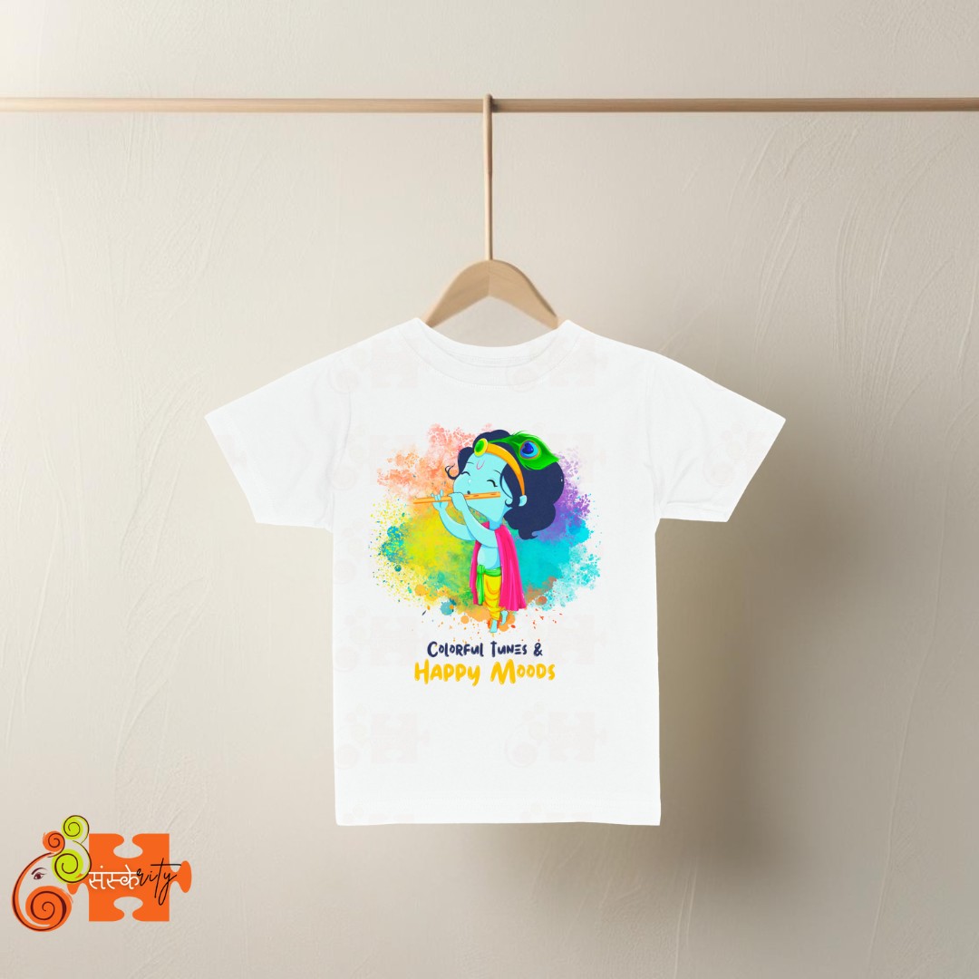 Colorful Krishna Kids Tee - Playful design for children.