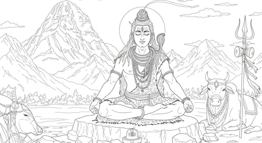 Lord Shiva meditating in Himalayas Mount Kailash coloring page - free printable Sanskarity