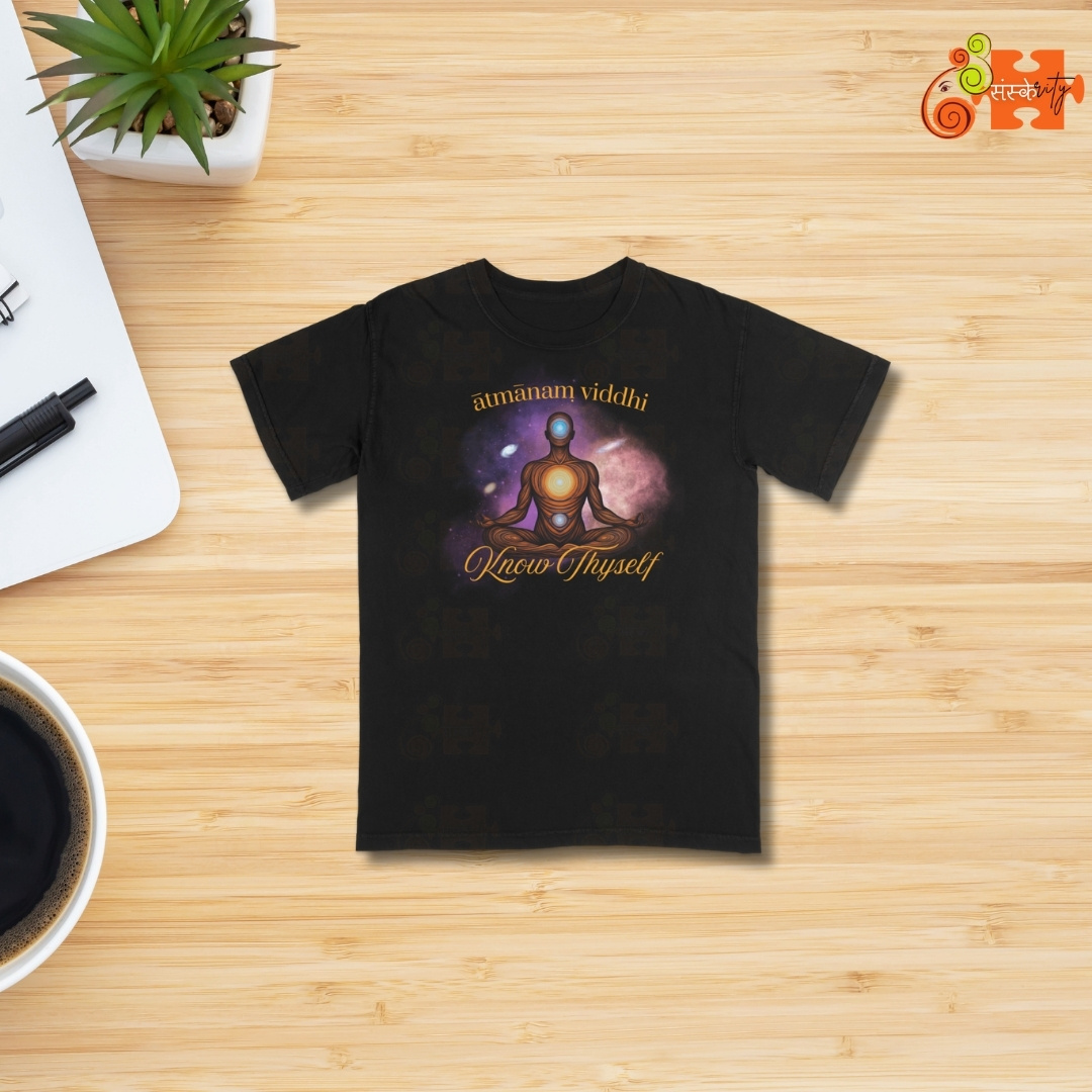 Know Thyself T-shirt - Atmanam Viddhi design on a black adult spiritual tee.