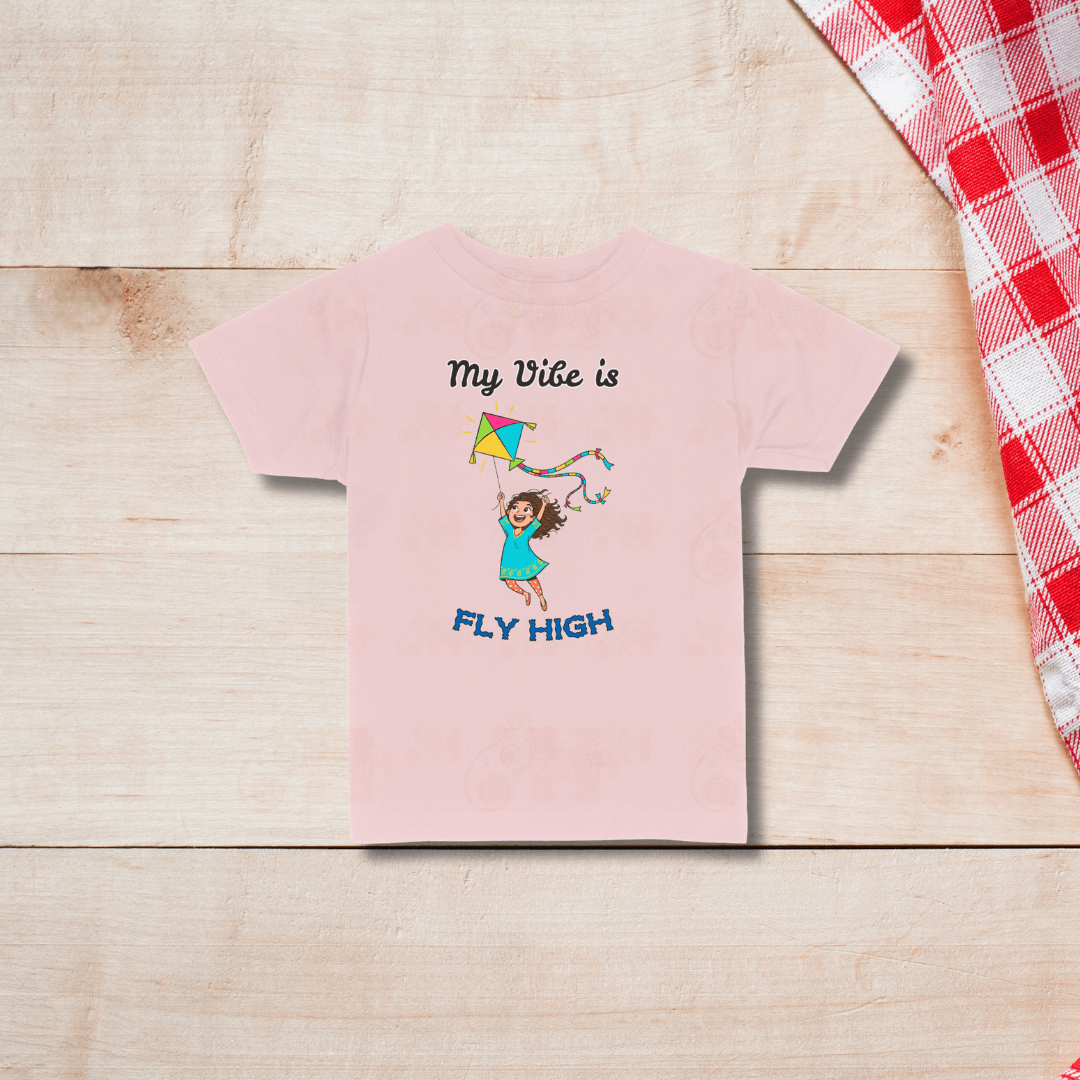 Blush Kids Pongal T-shirt featuring Fly High motivational kite illustration