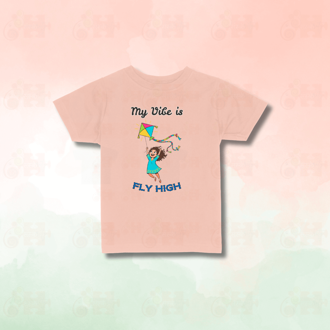 Peach Kids Pongal T-shirt featuring Fly High motivational kite illustration