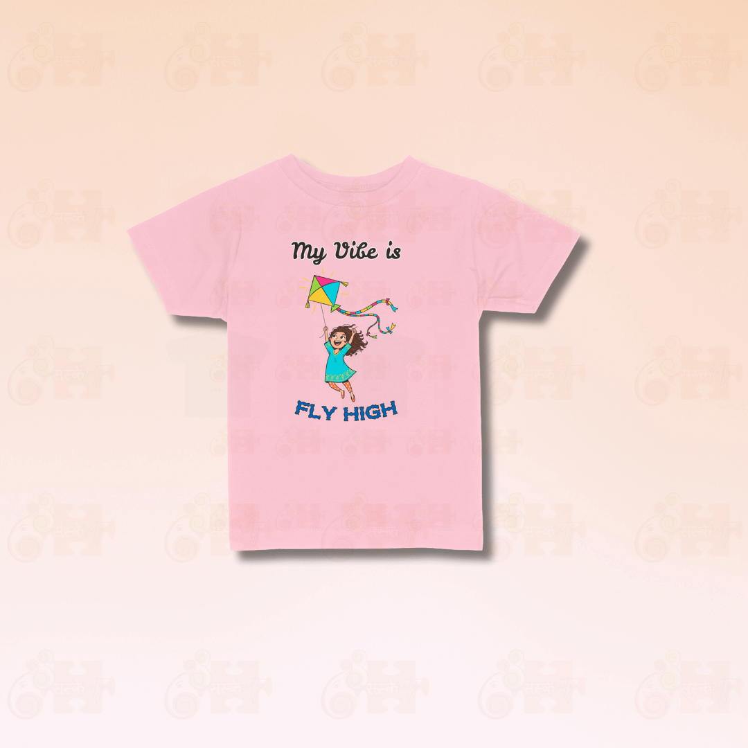 Pink Kids Pongal T-shirt featuring Fly High motivational kite illustration