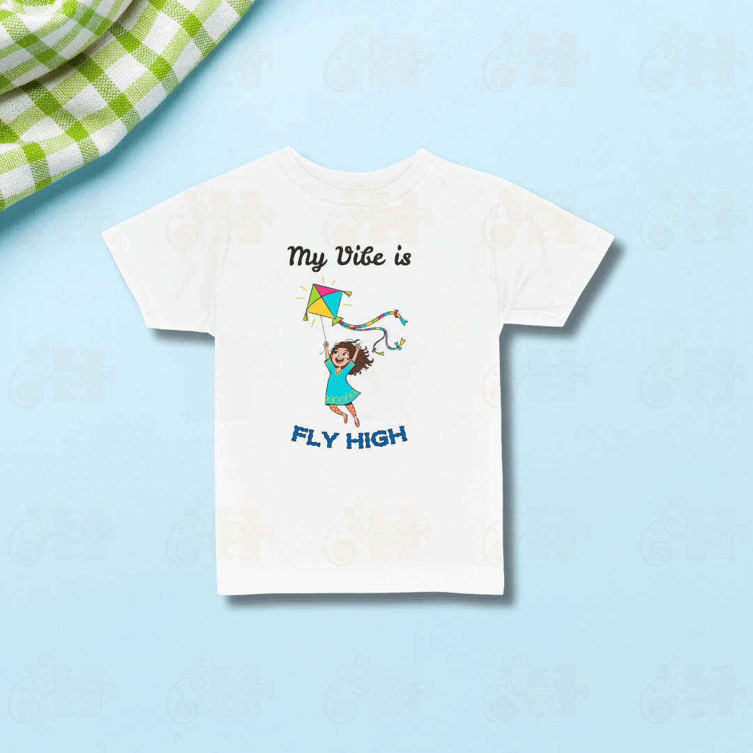 White Kids Pongal T-shirt with Fly High kite design shipped from USA