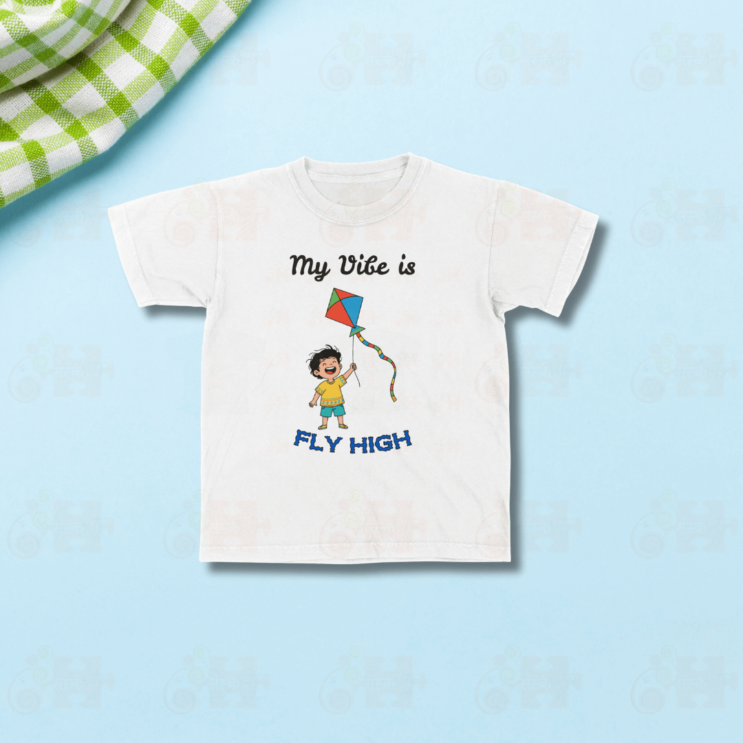 White Kids Pongal T-shirt with Fly High kite design shipped from USA