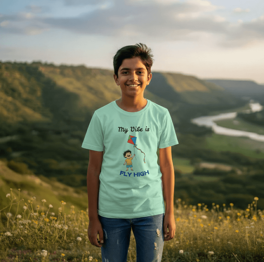 A young boy smiling outdoors wearing a mint green "Fly High" Kids Pongal T-shirt with a kite graphic.