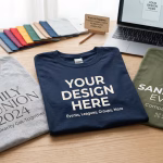 Custom t-shirt printing request mockup featuring a navy shirt with "Your Design Here" text for events and sports leagues