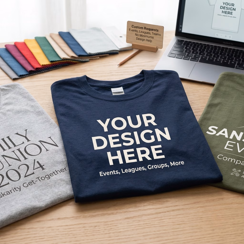 Custom t-shirt printing request mockup featuring a navy shirt with "Your Design Here" text for events and sports leagues